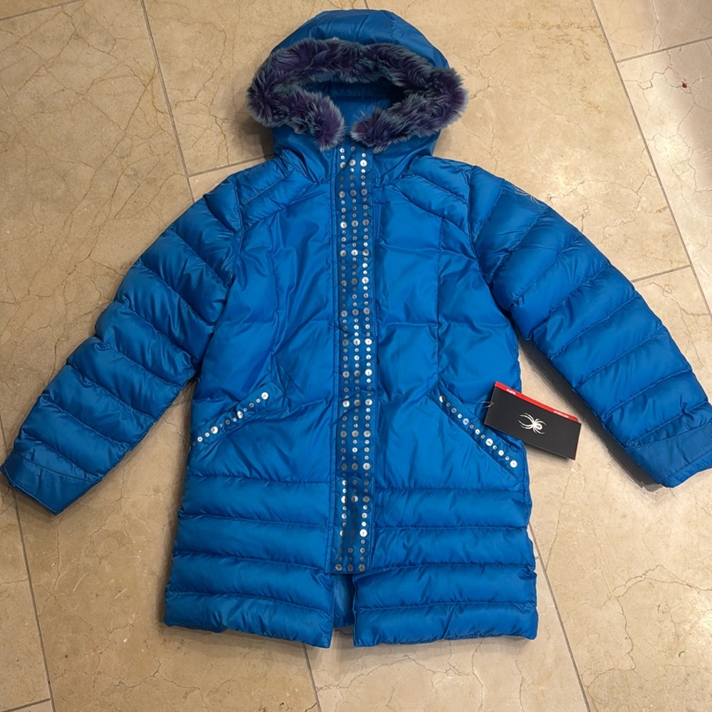 Spyder girls’ glam faux fur jacket French blue nwt ski coat snowboard small